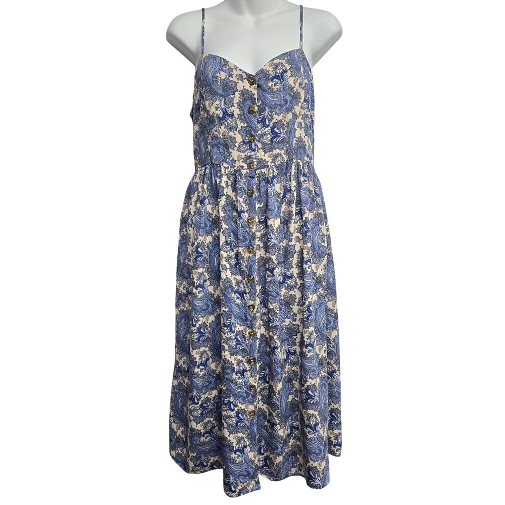 H&M Women Blue Paisley Button Front Midi Dress Smocked Back Size 8